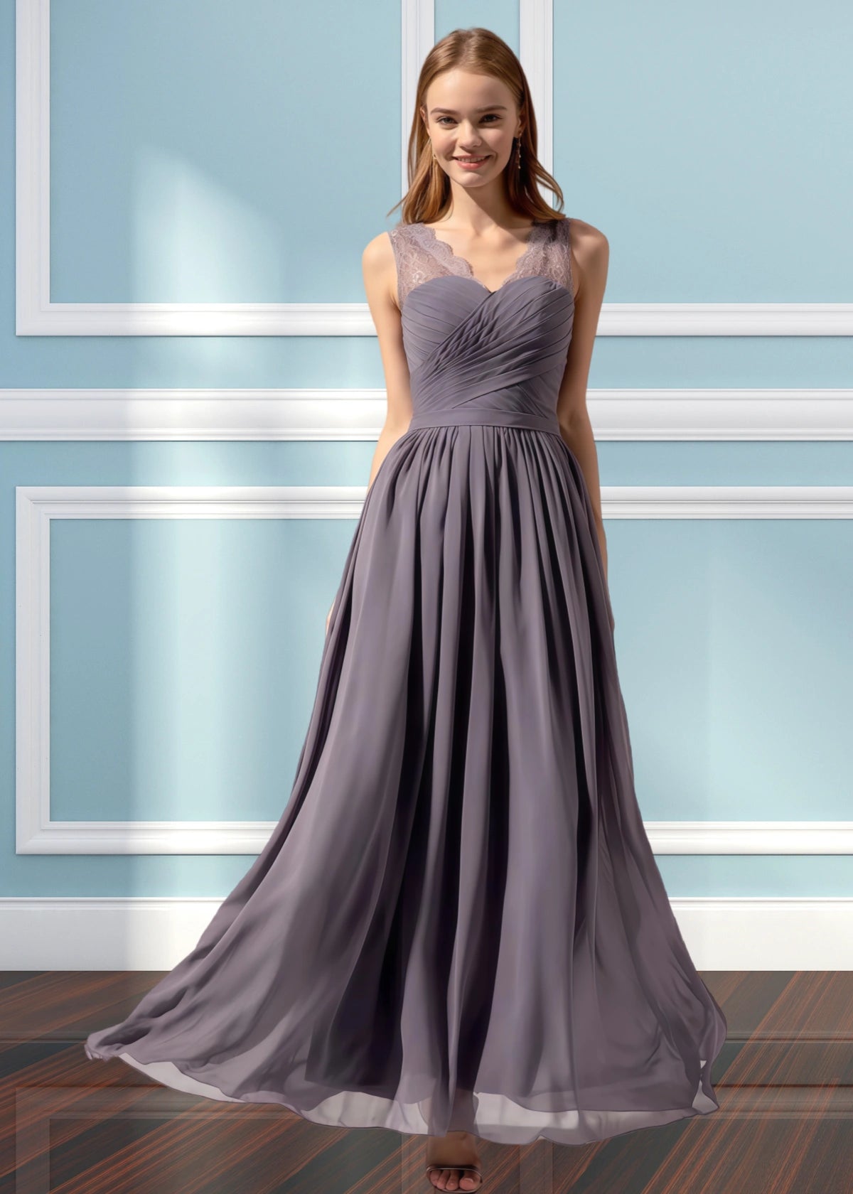 Ula | A Line Corset Lace Embroidered White Chiffon Long Bridesmaid Dress - Grey - PROMDRESS Club