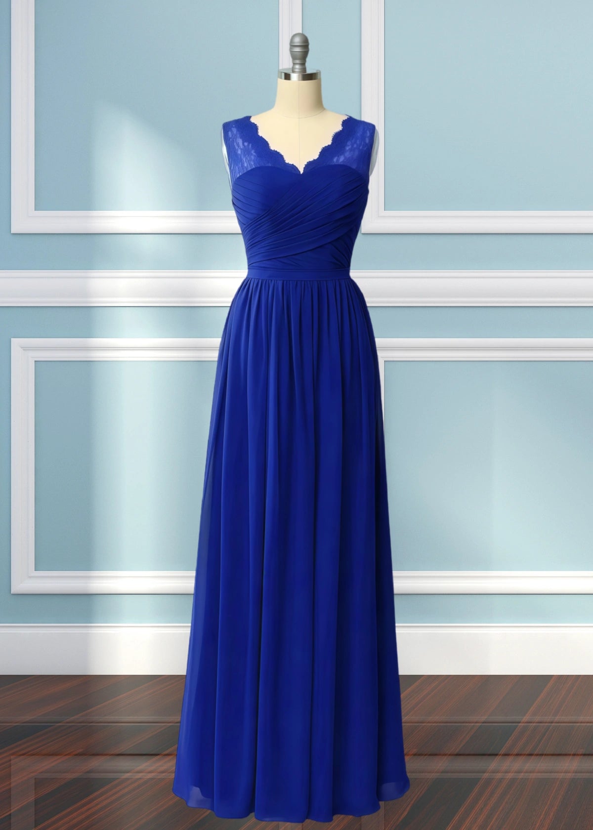 Ula | A Line Corset Lace Embroidered White Chiffon Long Bridesmaid Dress - Royal Blue - PROMDRESS Club