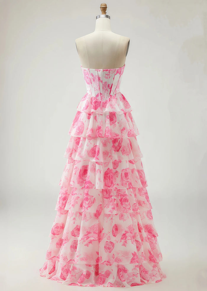Una Rhinestones Pink Floral Ruffle Prom Dress | A - Line Strapless Corset Sweetheart Neckline Formal Dress with Slit - Pink Floral - PromDressClub