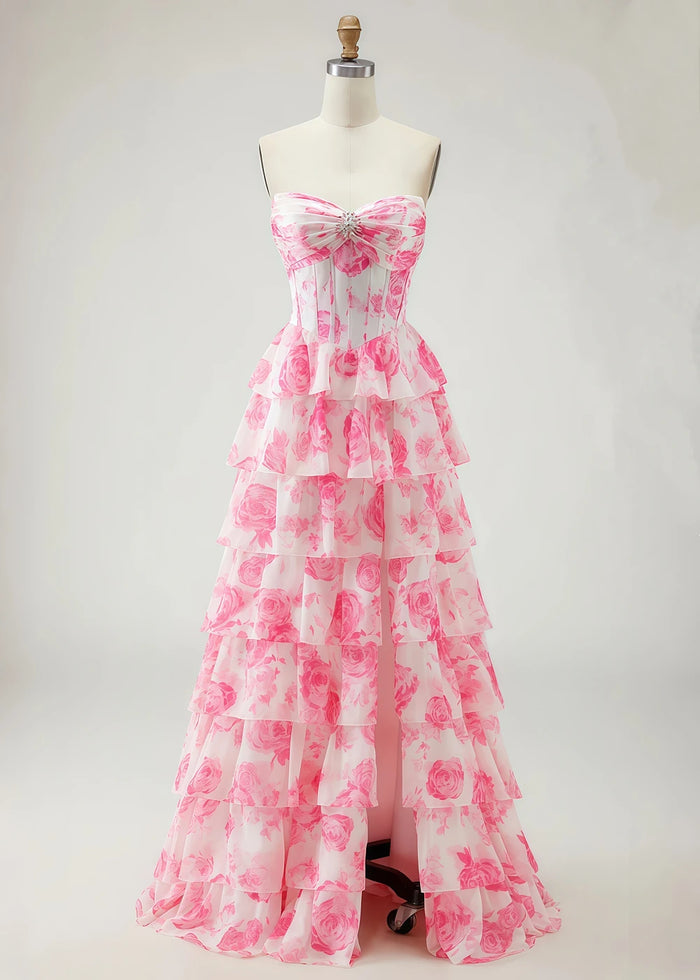 Una Rhinestones Pink Floral Ruffle Prom Dress | A - Line Strapless Corset Sweetheart Neckline Formal Dress with Slit - Pink Floral - PromDressClub