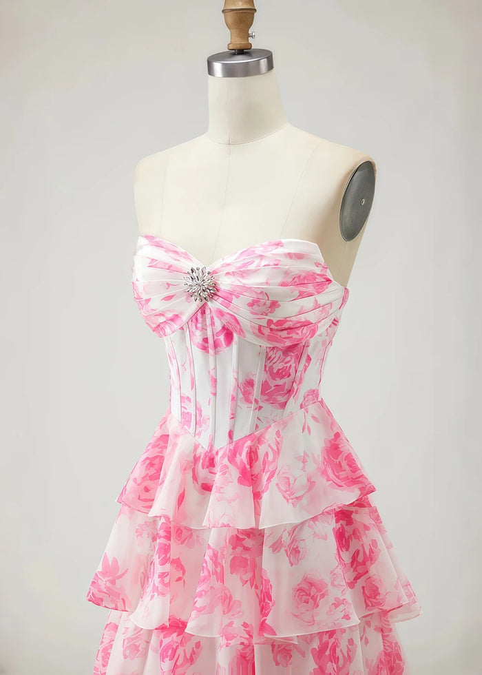 Una Rhinestones Pink Floral Ruffle Prom Dress | A - Line Strapless Corset Sweetheart Neckline Formal Dress with Slit - Pink Floral - PromDressClub