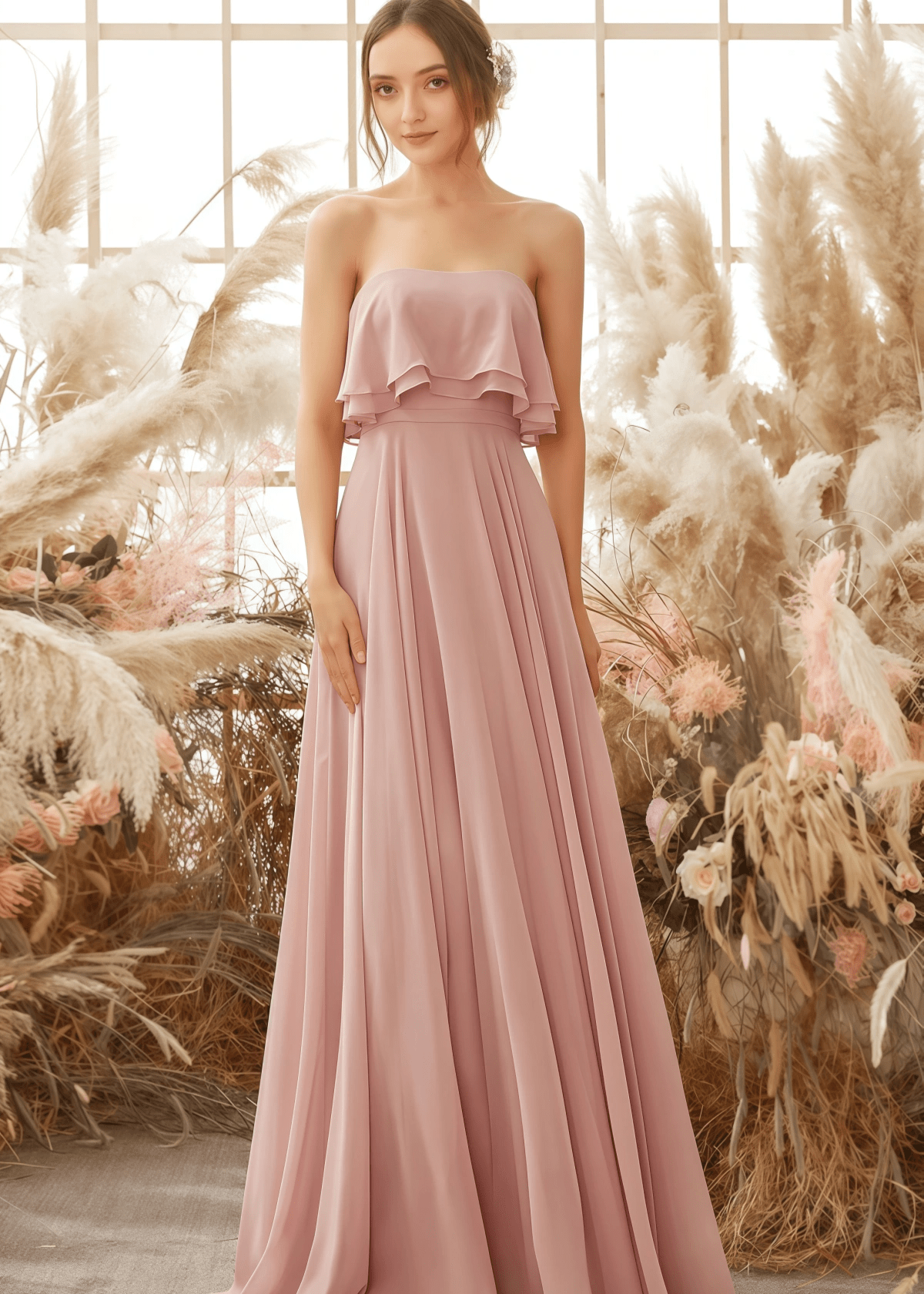 Ursula | A Line Strapless Blush Chiffon Maxi Bridesmaid Dress - Blush - PROMDRESS Club