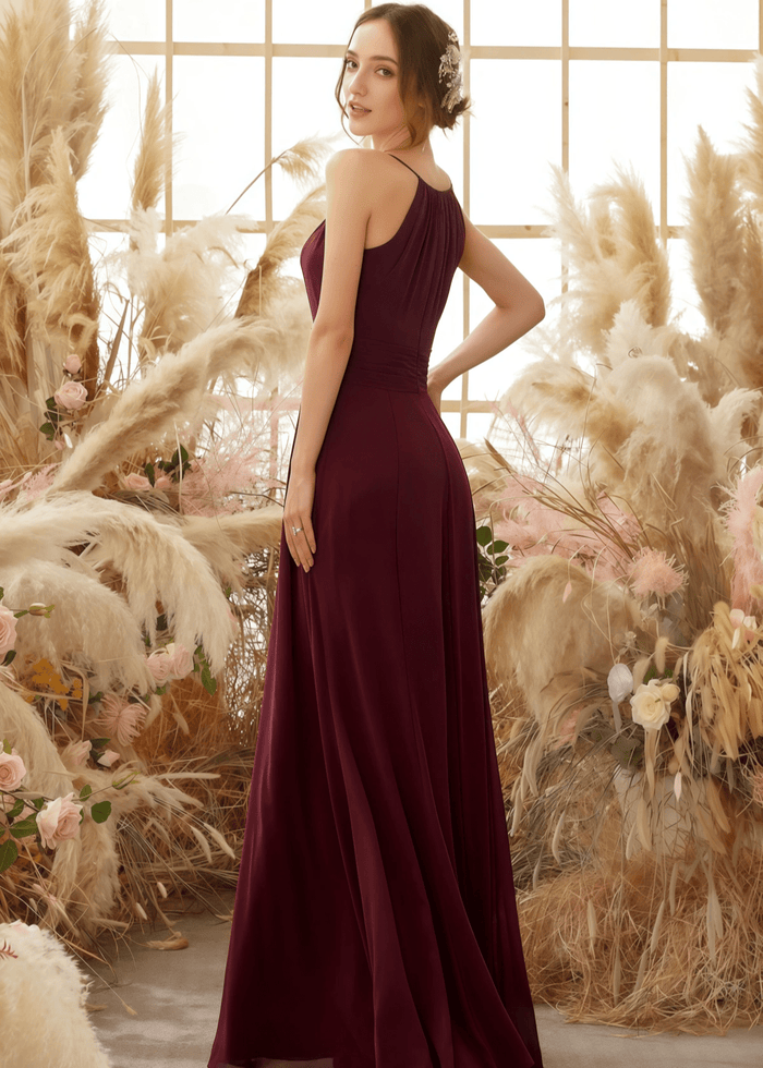 Valerie | A Line Elegant Corset Burgundy Chiffon Long Bridesmaid Dress - Price #price_variant_lowest# - Burgundy - PromDressClub