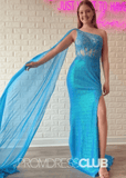 Valerie |Light Green Prom Dress Long Mermaid With Sequin Lace One - Shoulder Attached Train - Light Blue - PromDressClub