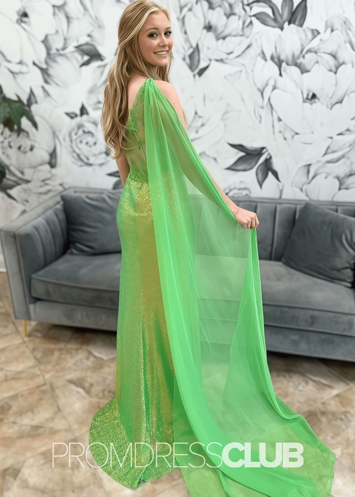 Valerie |Light Green Prom Dress Long Mermaid With Sequin Lace One - Shoulder Attached Train - Green - PromDressClub