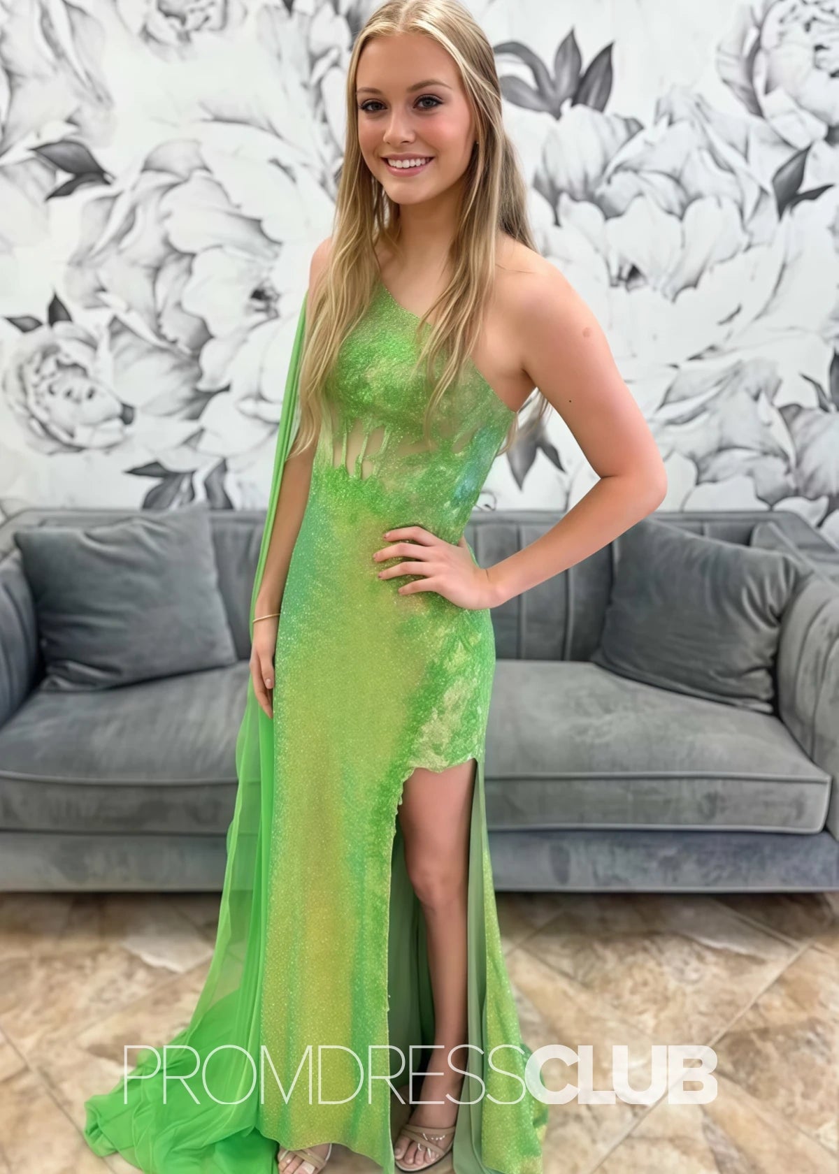 Valerie |Light Green Prom Dress Long Mermaid With Sequin Lace One - Shoulder Attached Train - Green - PromDressClub