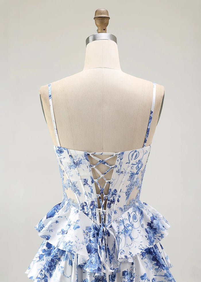Vera Corset Blue Floral Print Prom Dress | A - Line Spaghetti Strap Sweetheart Tiered Ruffle Formal Dress with Slit - Blue Floral - PromDressClub