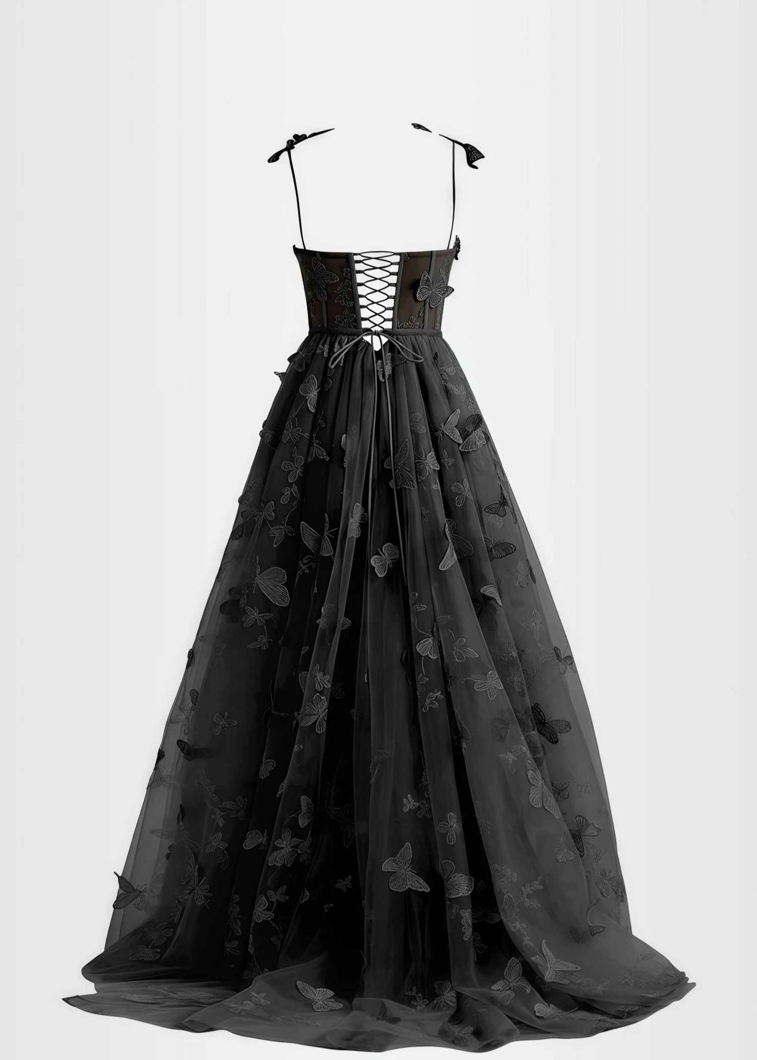 Verna |Lilac Prom Dresses Long A - line Lace Slit Corset with 3D Butterfly - Black - PromDressClub