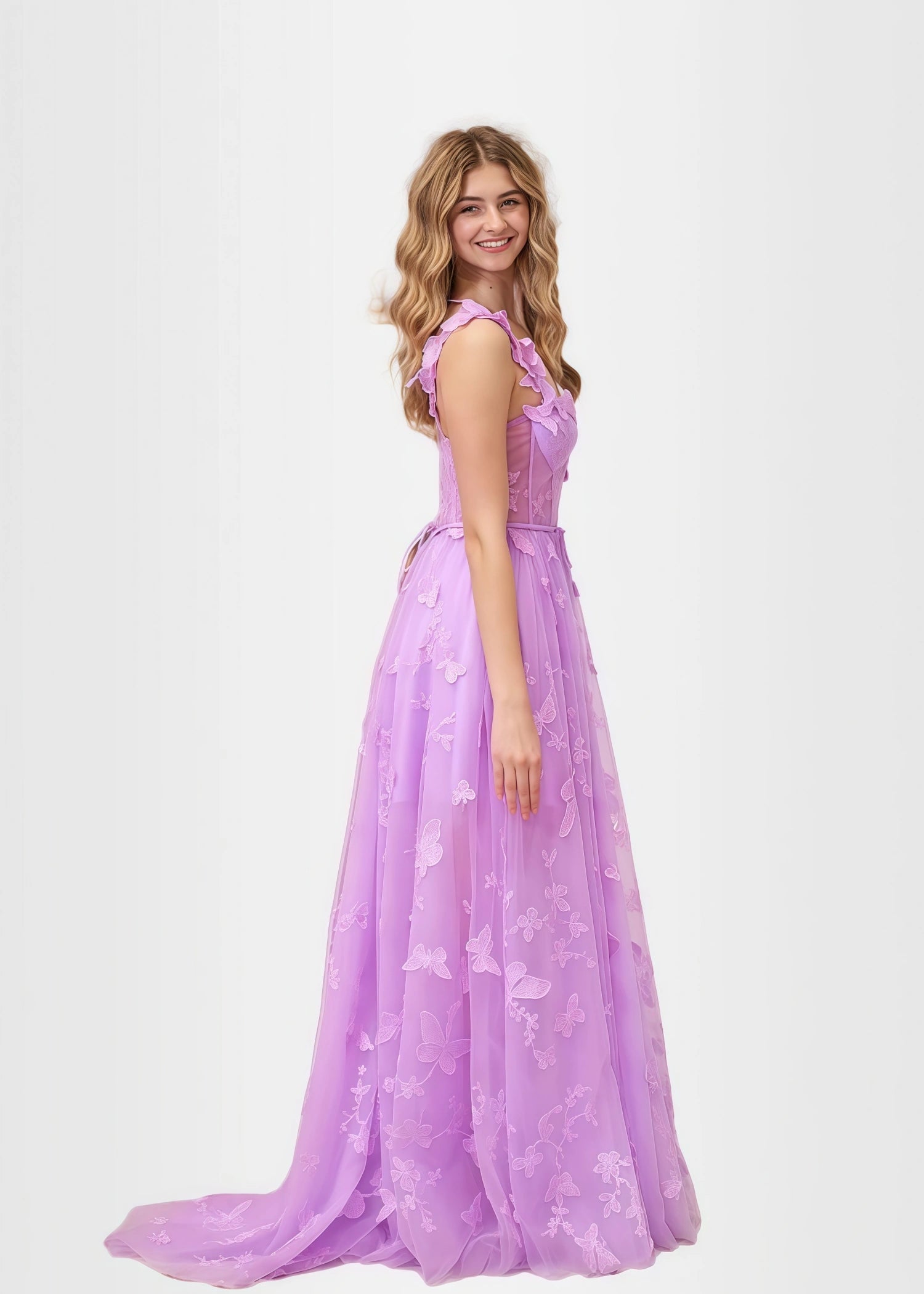 Verna |Lilac Prom Dresses Long A - line Lace Slit Corset with 3D Butterfly - Lilac - PromDressClub