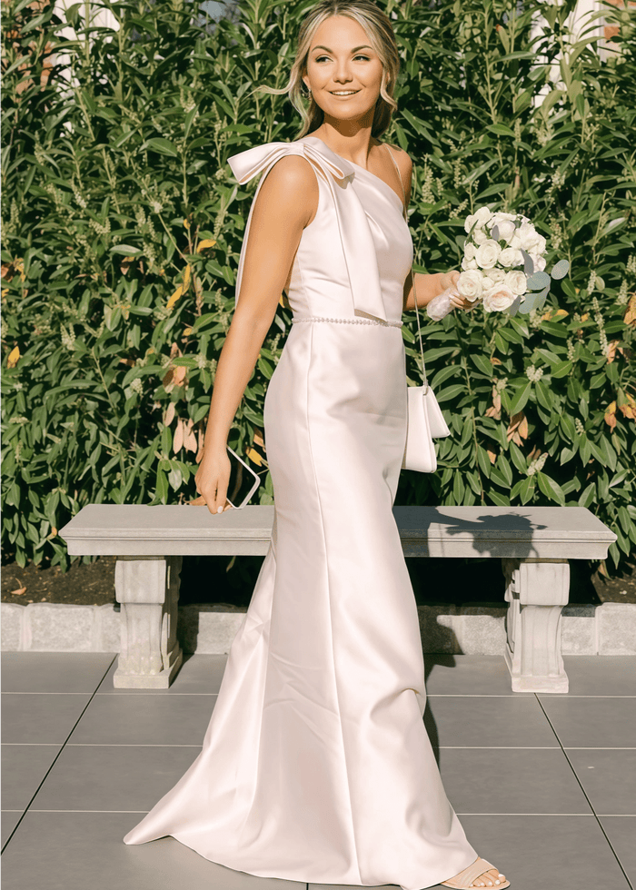 Verna | Sheath Bows Light Blue Satin Maxi Bridesmaid Dress with Sleeveless One Shoulder - Price #price_variant_lowest# - Light Pink - PromDressClub