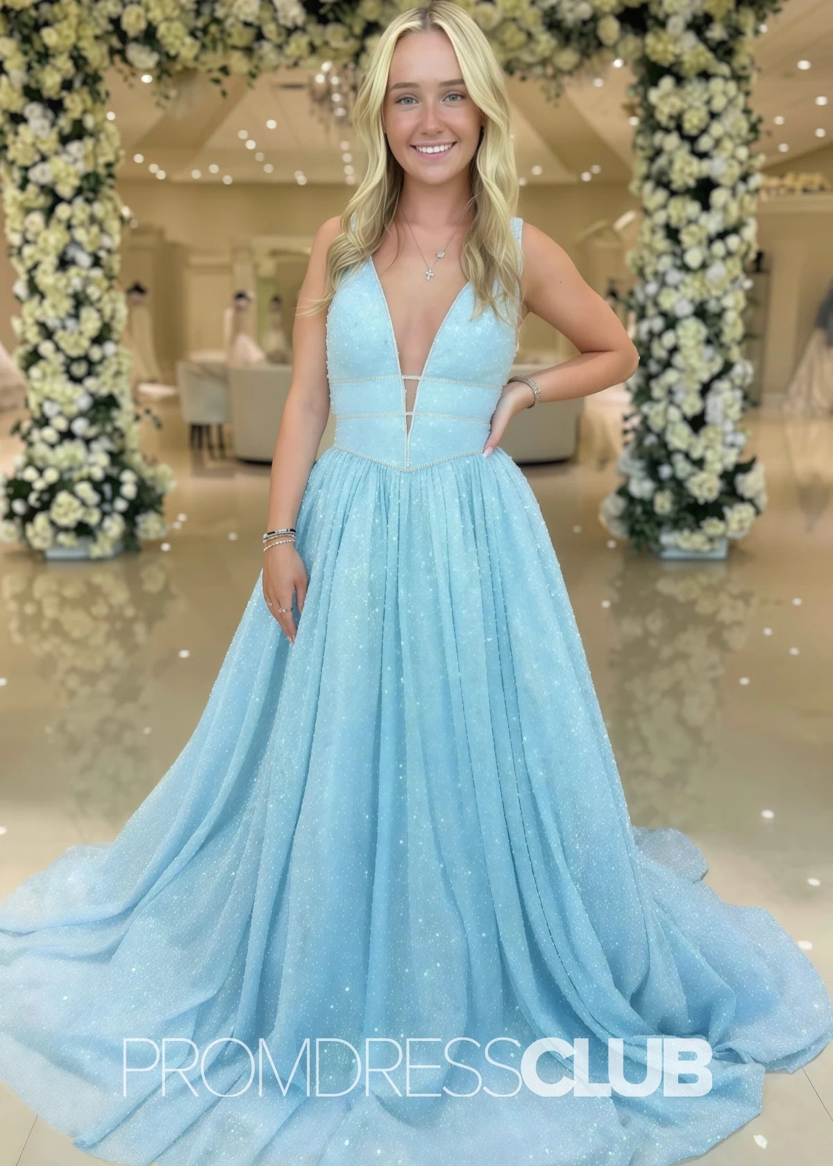 Verna |Sky Blue Prom Dresses Mermaid Long With A line V Neck Sequins - Sky Blue - PromDressClub