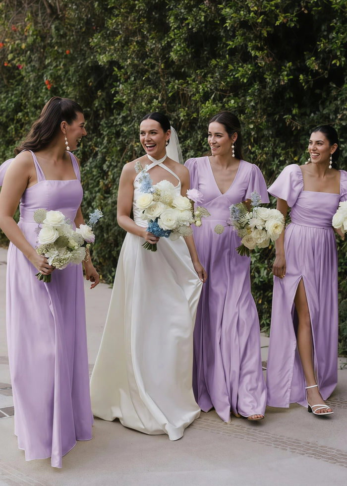 Veromca | Exquisite A Line Yellow Satin Maxi Bridesmaid Dress with Slit - Price #price_variant_lowest# - Lavender - PromDressClub