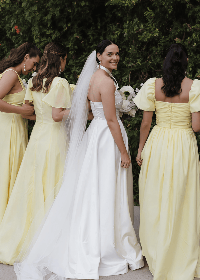 Veromca | Exquisite A Line Yellow Satin Maxi Bridesmaid Dress with Slit - Price #price_variant_lowest# - Yellow - PromDressClub