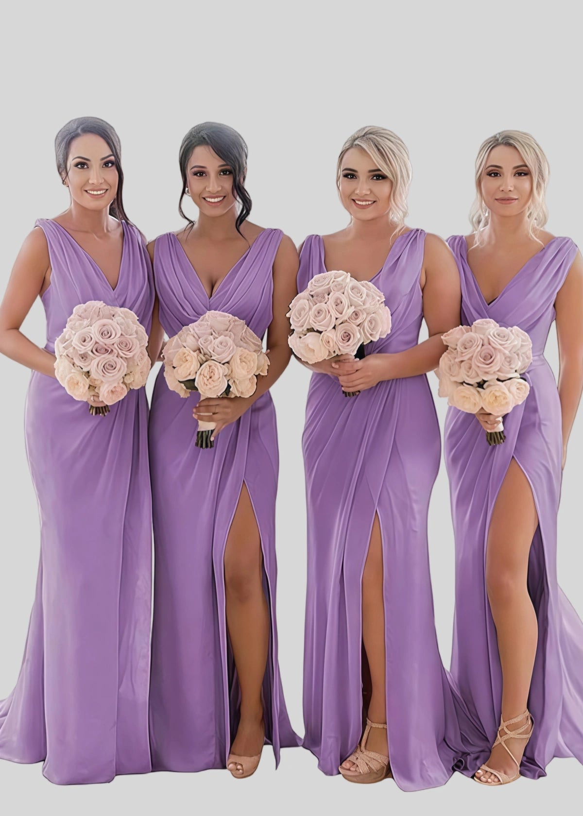 Veronica | Refinement Sheath Ivory Chiffon Maxi Bridesmaid Dress with Slit and Ruched - Lilac - PROMDRESS Club