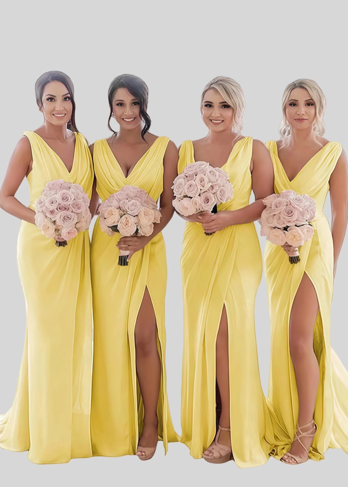 Veronica | Refinement Sheath Ivory Chiffon Maxi Bridesmaid Dress with Slit and Ruched - Yellow - PROMDRESS Club