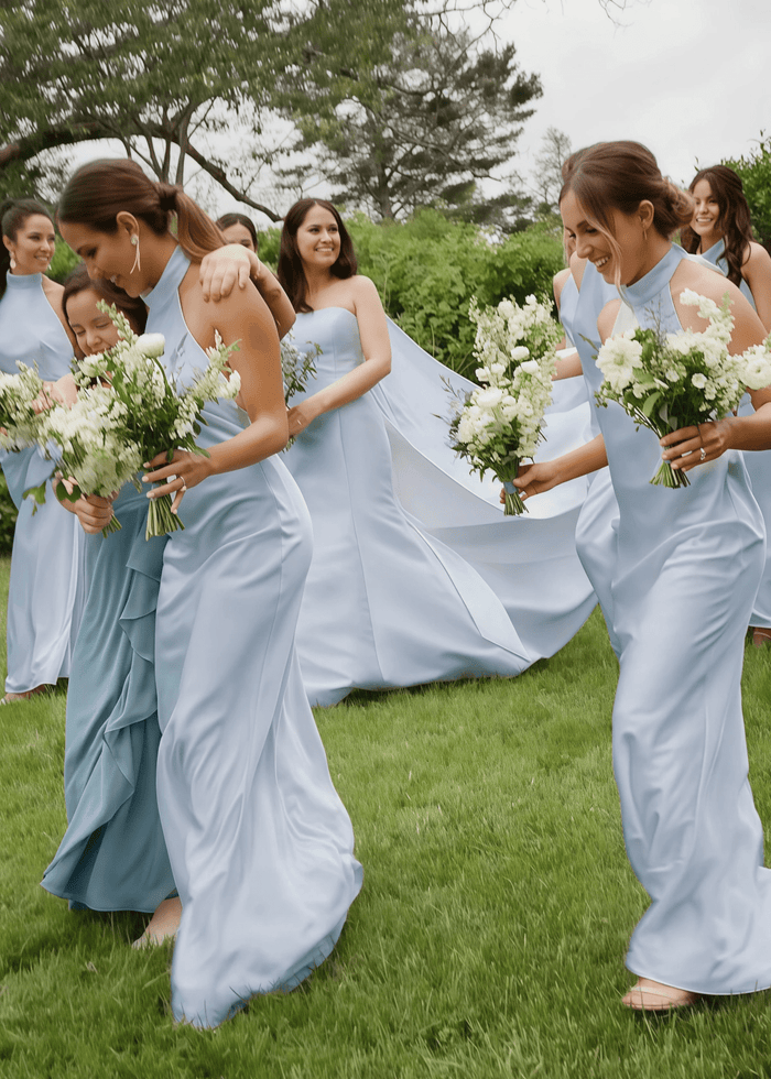 Vicky | Simple Sheath White Silk Satin Maxi Bridesmaid Dress with Backless and Halter - Price #price_variant_lowest# - Light Blue - PromDressClub
