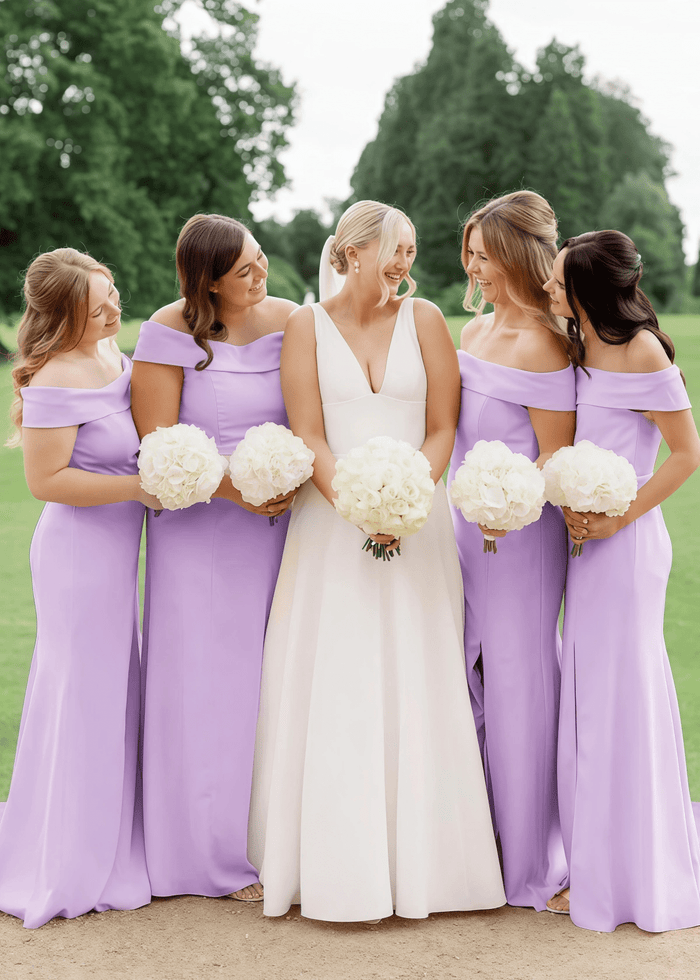 Victoria | Exquisite Sheath Light Pink Satin Maxi Bridesmaid Dress with Slit and Off the Shoulder - Price #price_variant_lowest# - Lavender - PromDressClub