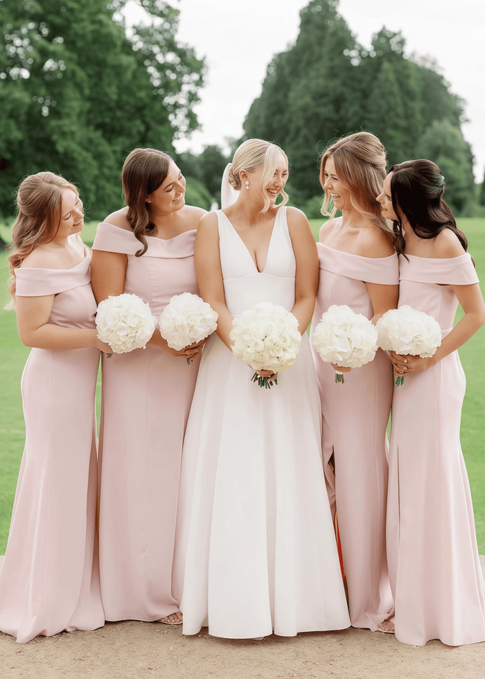 Victoria | Exquisite Sheath Light Pink Satin Maxi Bridesmaid Dress with Slit and Off the Shoulder - Price #price_variant_lowest# - Light Pink - PromDressClub