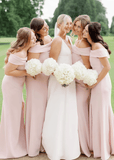 Victoria | Exquisite Sheath Light Pink Satin Maxi Bridesmaid Dress with Slit and Off the Shoulder - Light Pink - PROMDRESS Club