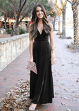 Vita | Exquisite A Line Backless Burgundy Velvet Maxi Bridesmaid Dress with Halter and V - Neck - Black - PROMDRESS Club