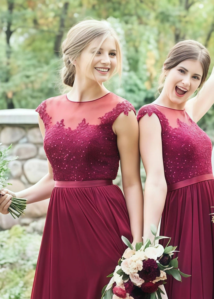 Winni | Exquisite Lace Embroidered Burgundy Tulle Maxi Bridesmaid Dress with Round Neck - Price #price_variant_lowest# - Burgundy - PromDressClub