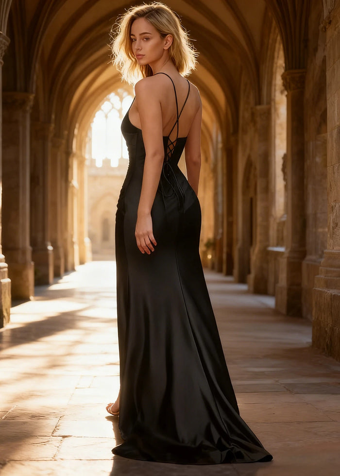 Wren Pleated Black Prom Dress with Slit | Column Spaghetti Strap V - Neck Satin Gown - Black - PromDressClub