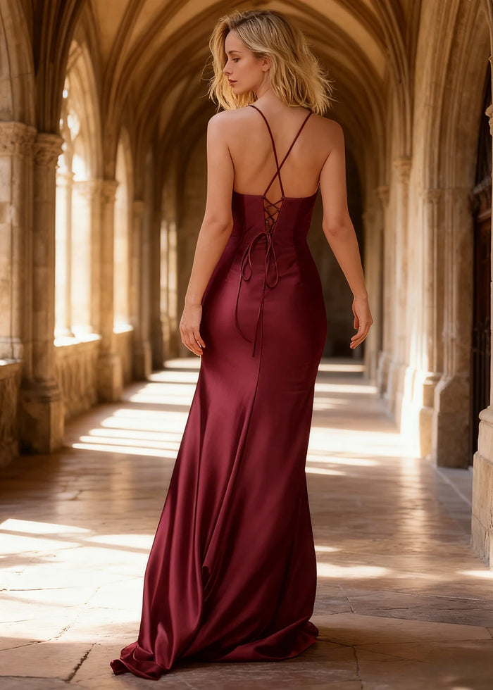 Wren Pleated Merlot Prom Dress with Slit | Column Spaghetti Strap V - Neck Satin Gown - Merlot - PromDressClub