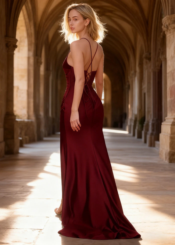 Wren Pleated Merlot Prom Dress with Slit | Column Spaghetti Strap V - Neck Satin Gown - Merlot - PromDressClub