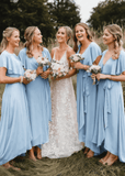 Xanthe | Chic A Line Peach Chiffon Maxi Bridesmaid Dress with V - Neck and Short Sleeve - Light Blue - PROMDRESS Club