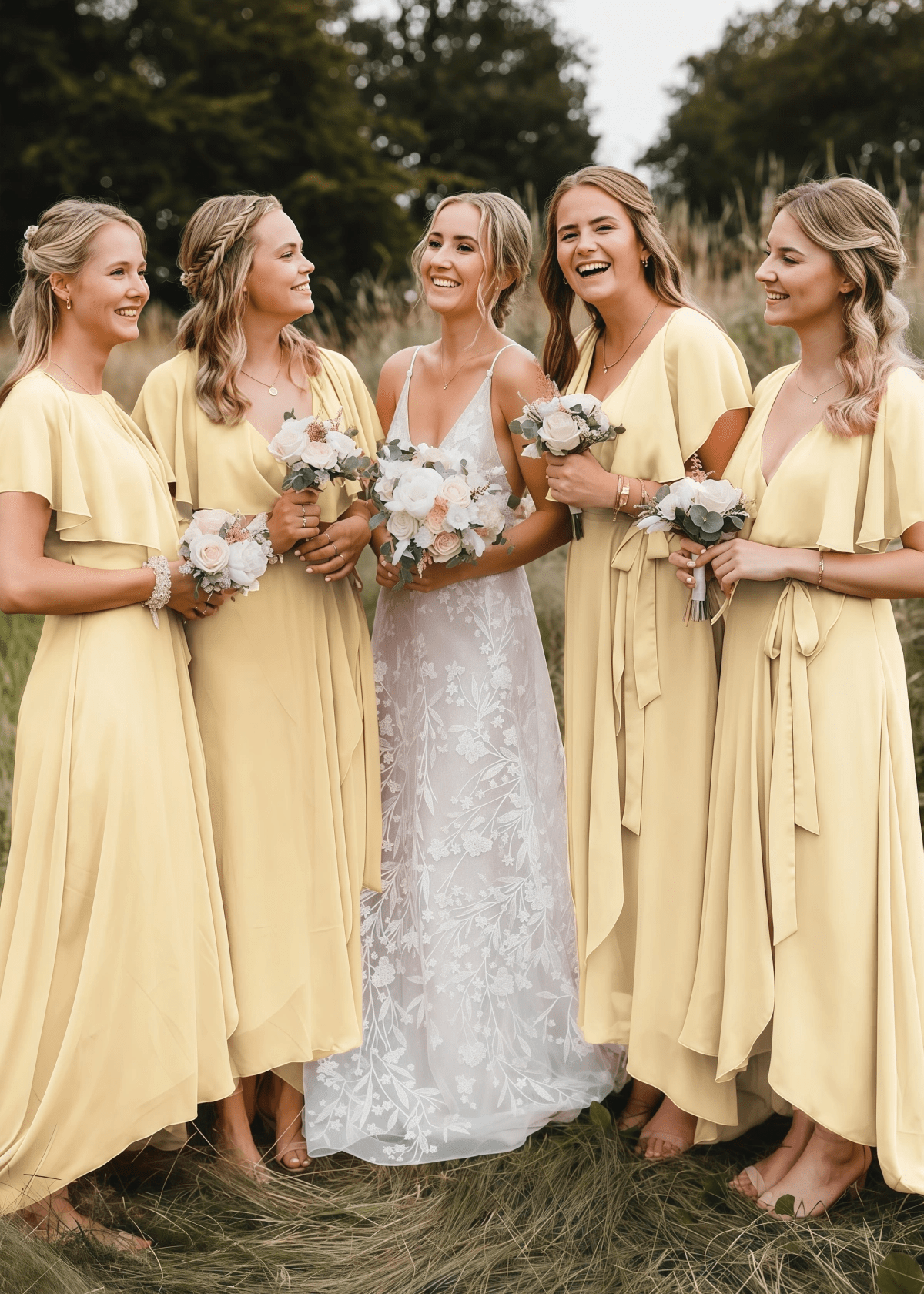 Xanthe | Chic A Line Peach Chiffon Maxi Bridesmaid Dress with V - Neck and Short Sleeve - Pale Yellow - PROMDRESS Club