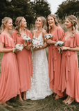 Xanthe | Chic A Line Peach Chiffon Maxi Bridesmaid Dress with V - Neck and Short Sleeve - Peach - PROMDRESS Club