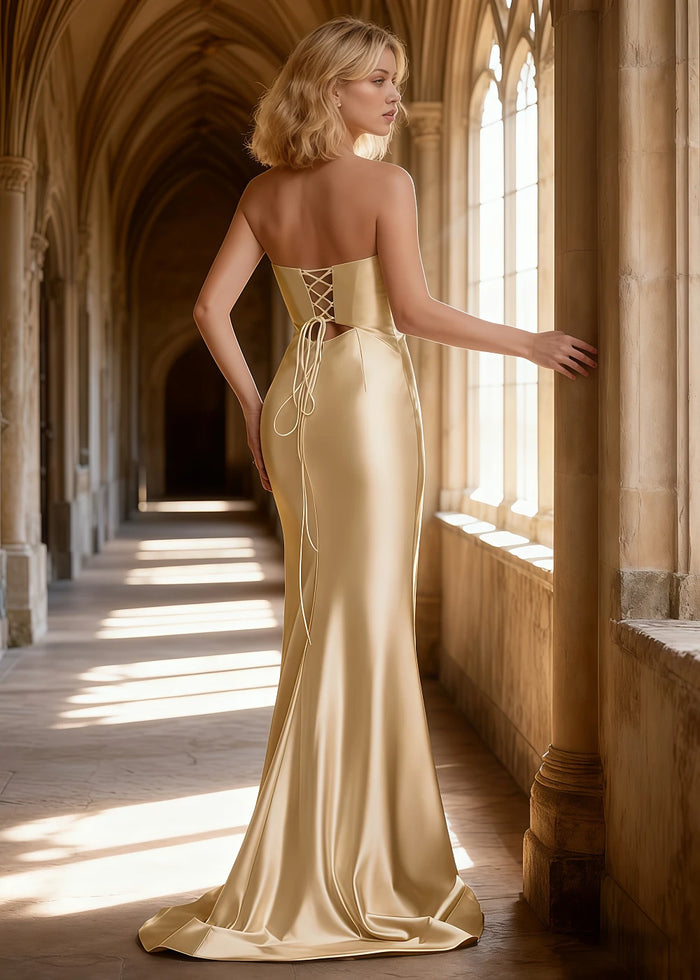 Xena Champagne Satin Corset Prom Dress with Cutouts | Sheath Strapless Sweetheart Neckline Backless Lace - up Gown with Split - US00 - PromDressClub