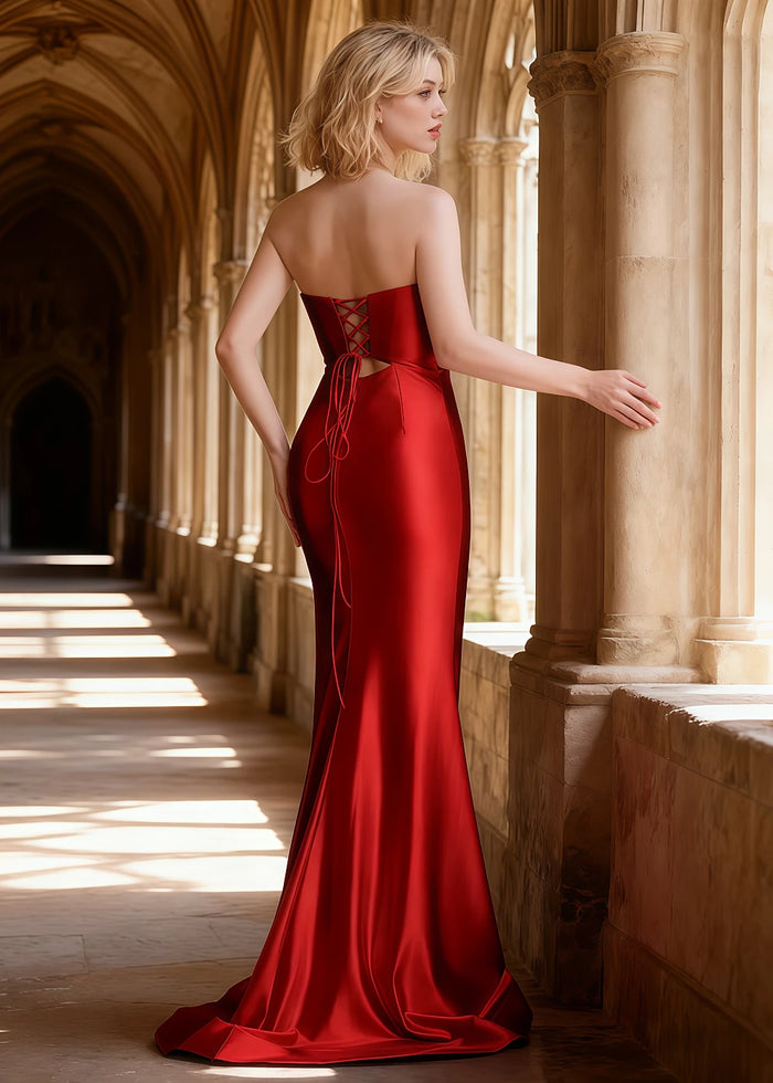 Xena Red Satin Corset Prom Dress with Cutouts | Sheath Strapless Sweetheart Neckline Backless Lace - up Gown with Split - US00 - PromDressClub