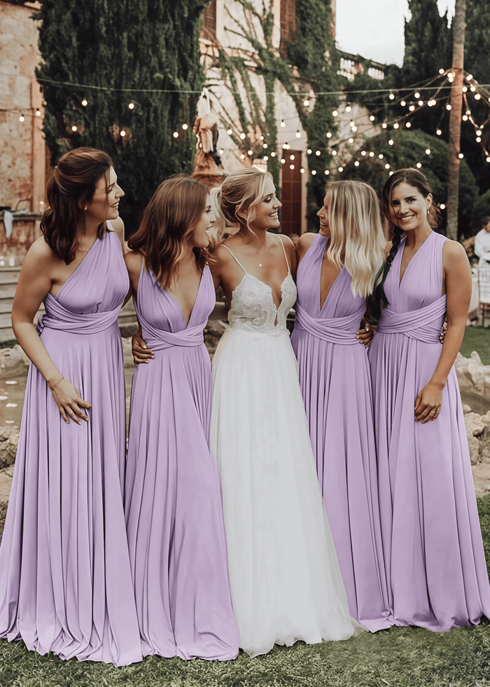 Xenia | Elegant Light Pink Corset Chiffon Maxi Bridesmaid Dress with V - Neck or One Shoulder - Price #price_variant_lowest# - Lavender - PromDressClub