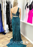 Xenia |Emerald Green Prom Dress Long Mermaid One - Shoulder Sequin Keyhole with Slit - Emerald - PromDressClub