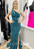 Xenia |Emerald Green Prom Dress Long Mermaid One - Shoulder Sequin Keyhole with Slit - Emerald - PromDressClub