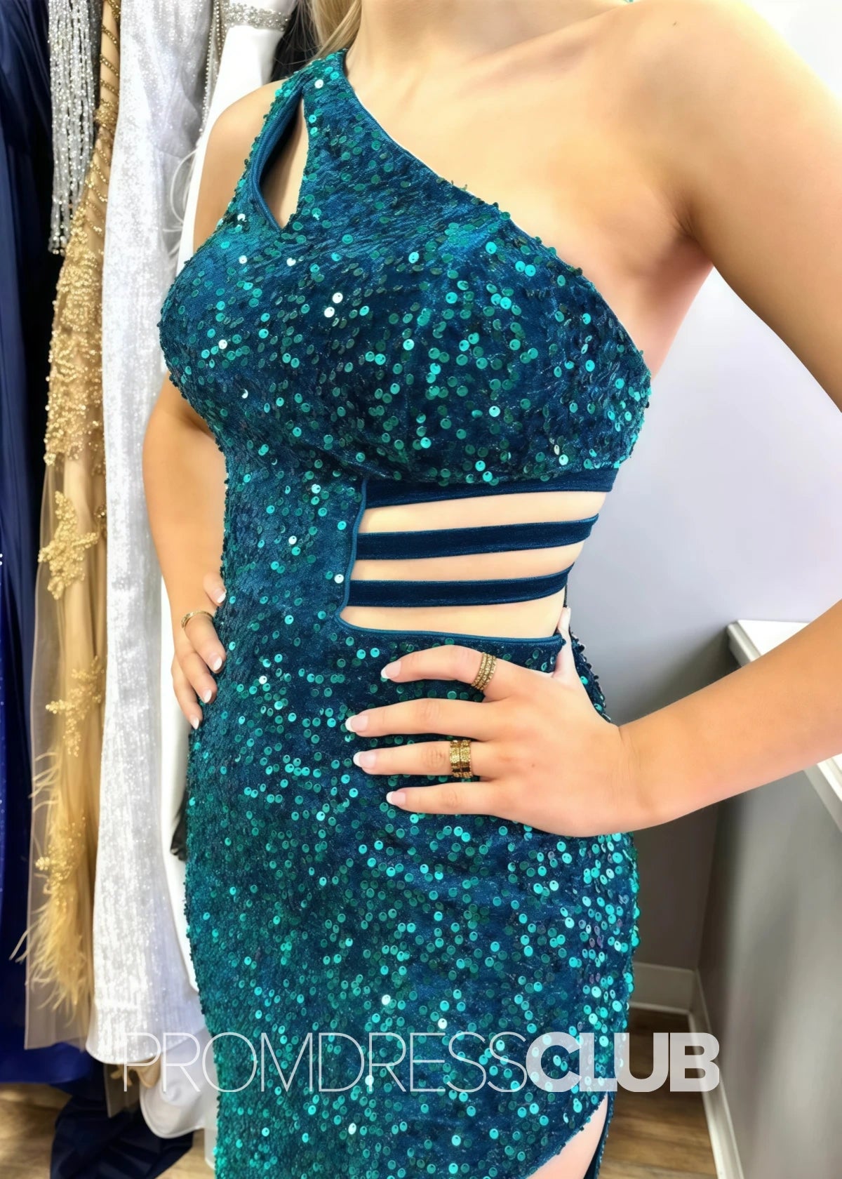 Xenia |Emerald Green Prom Dress Long Mermaid One - Shoulder Sequin Keyhole with Slit - Emerald - PromDressClub