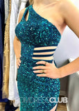 Xenia |Emerald Green Prom Dress Long Mermaid One - Shoulder Sequin Keyhole with Slit - Emerald - PromDressClub