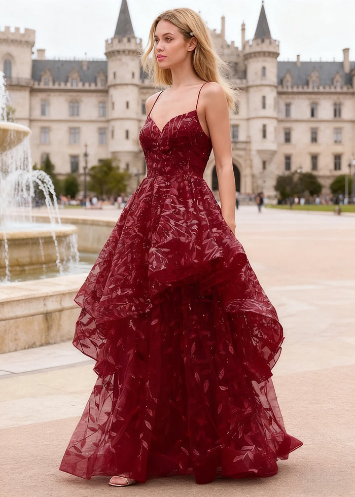 Yara Burgundy Tulle Floral Jacquard Prom Dress | A - Line Spaghetti Strap V - Neck Ruffle Gown - US00 - PromDressClub