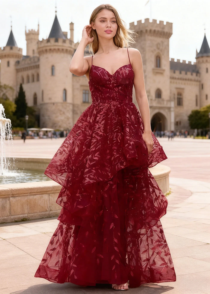 Yara Burgundy Tulle Floral Jacquard Prom Dress | A - Line Spaghetti Strap V - Neck Ruffle Gown - US00 - PromDressClub
