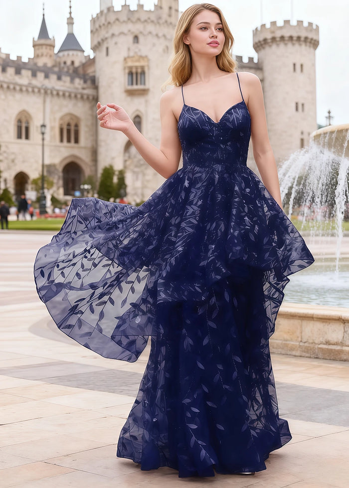 Yara Navy Blue Tulle Floral Jacquard Prom Dress | A - Line Spaghetti Strap V - Neck Ruffle Gown - US00 - PromDressClub