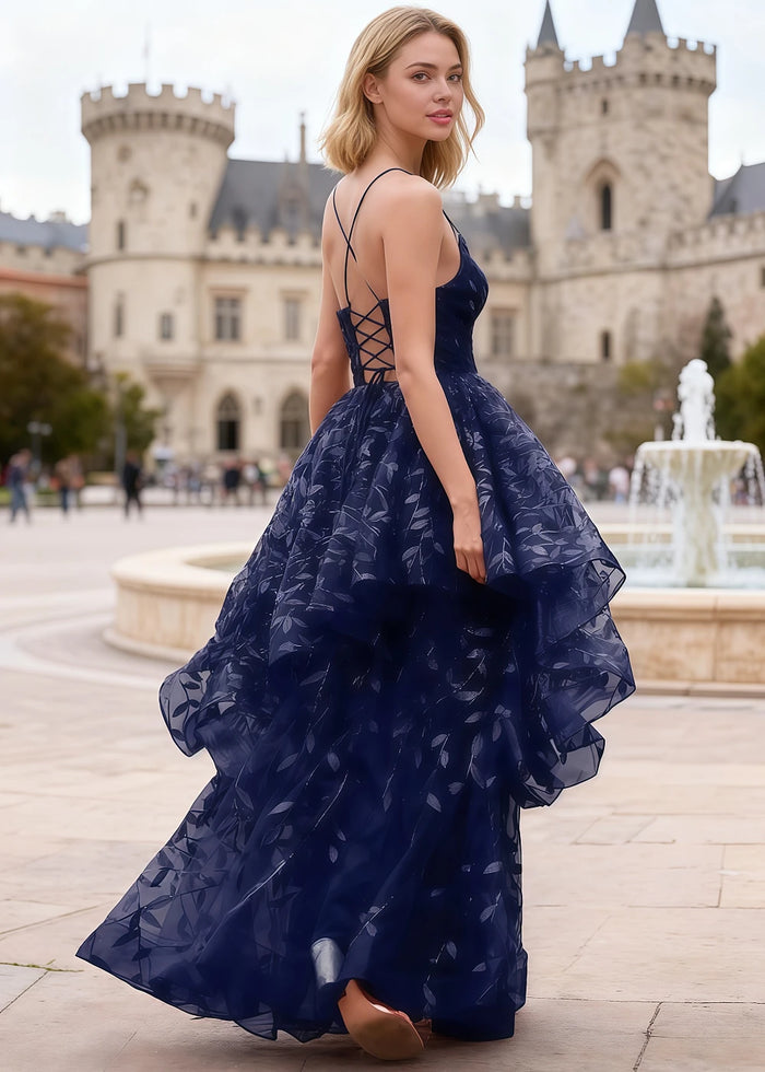 Yara Navy Blue Tulle Floral Jacquard Prom Dress | A - Line Spaghetti Strap V - Neck Ruffle Gown - US00 - PromDressClub