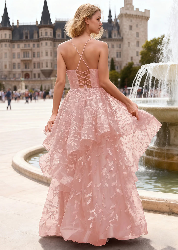 Yara Pink Tulle Floral Jacquard Prom Dress | A - Line Spaghetti Strap V - Neck Ruffle Gown - US00 - PromDressClub