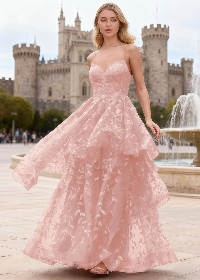 Yara Pink Tulle Floral Jacquard Prom Dress | A - Line Spaghetti Strap V - Neck Ruffle Gown - US00 - PromDressClub