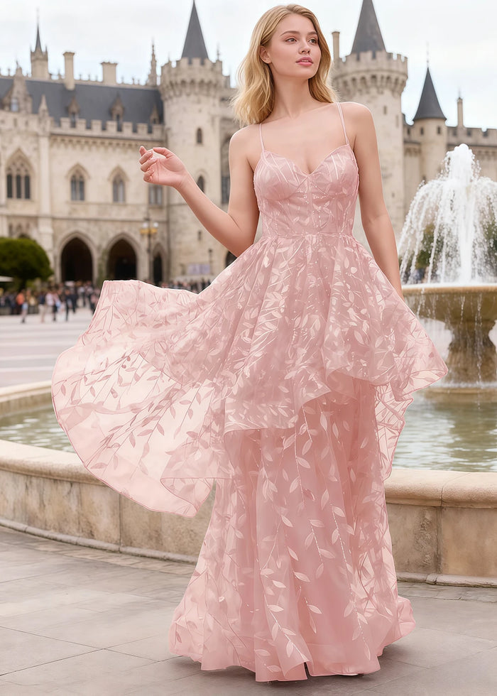 Yara Pink Tulle Floral Jacquard Prom Dress | A - Line Spaghetti Strap V - Neck Ruffle Gown - US00 - PromDressClub
