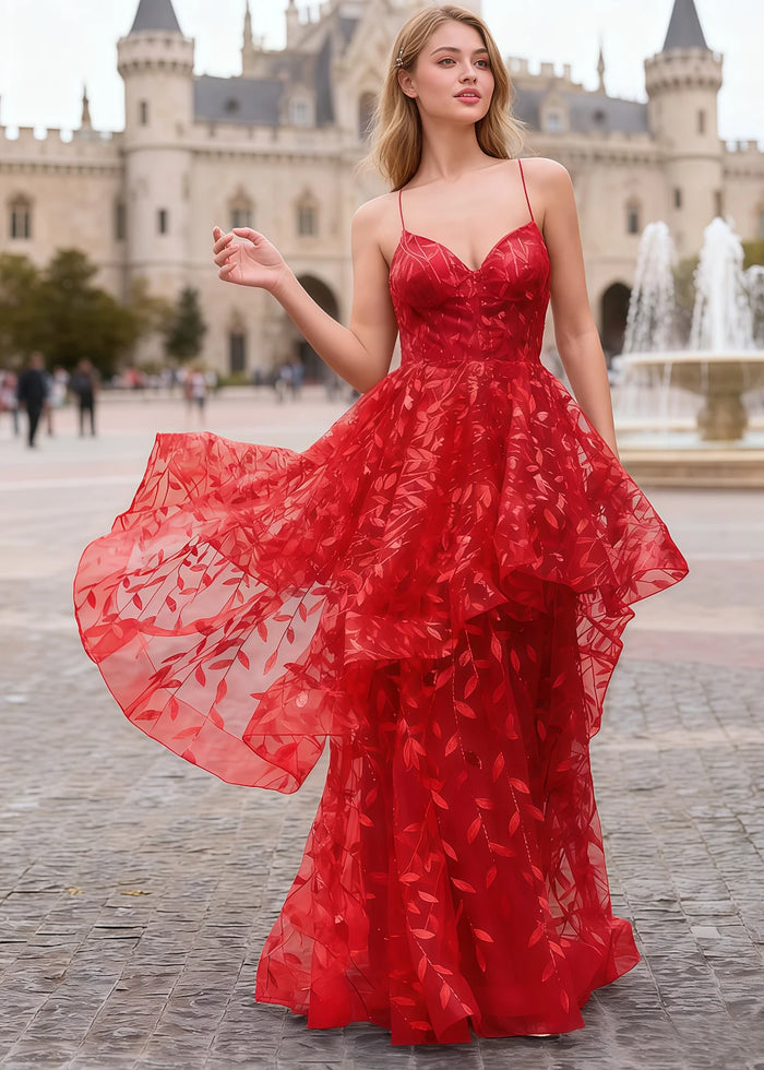 Yara Red Tulle Floral Jacquard Prom Dress | A - Line Spaghetti Strap V - Neck Ruffle Gown - US00 - PromDressClub