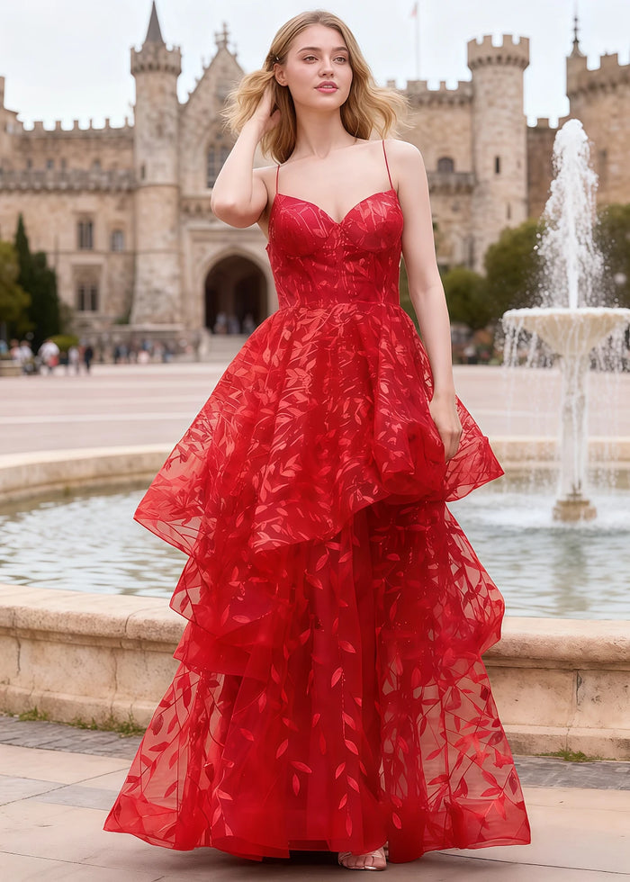Yara Red Tulle Floral Jacquard Prom Dress | A - Line Spaghetti Strap V - Neck Ruffle Gown - US00 - PromDressClub
