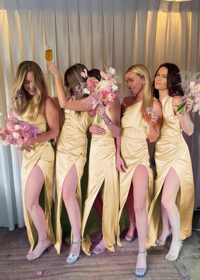 Yedda | Seriously Sensational Sheath Pleated Pink Satin Maxi Bridesmaid Dress with Slit and One Shoulder - Price #price_variant_lowest# - Pale Yellow - PromDressClub