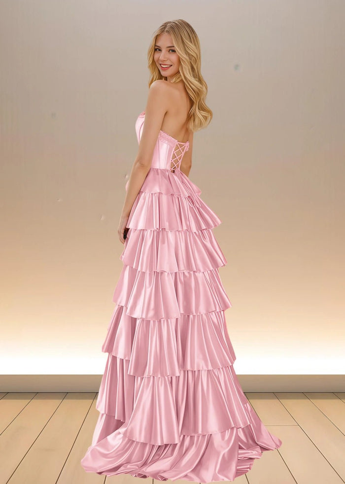 Adele | Yellow Satin Strapless Beaded Ruffle Formal Dress with Slit - Light Pink - PromDressClub