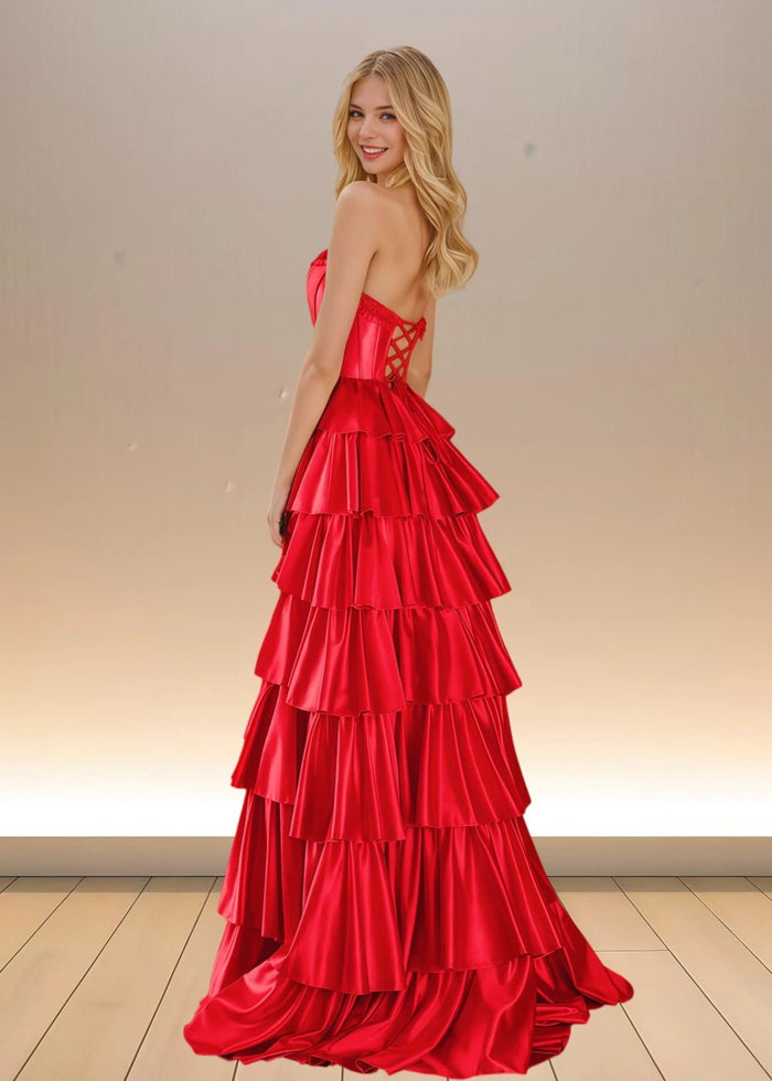 Adele | Yellow Satin Strapless Beaded Ruffle Formal Dress with Slit - Red - PromDressClub